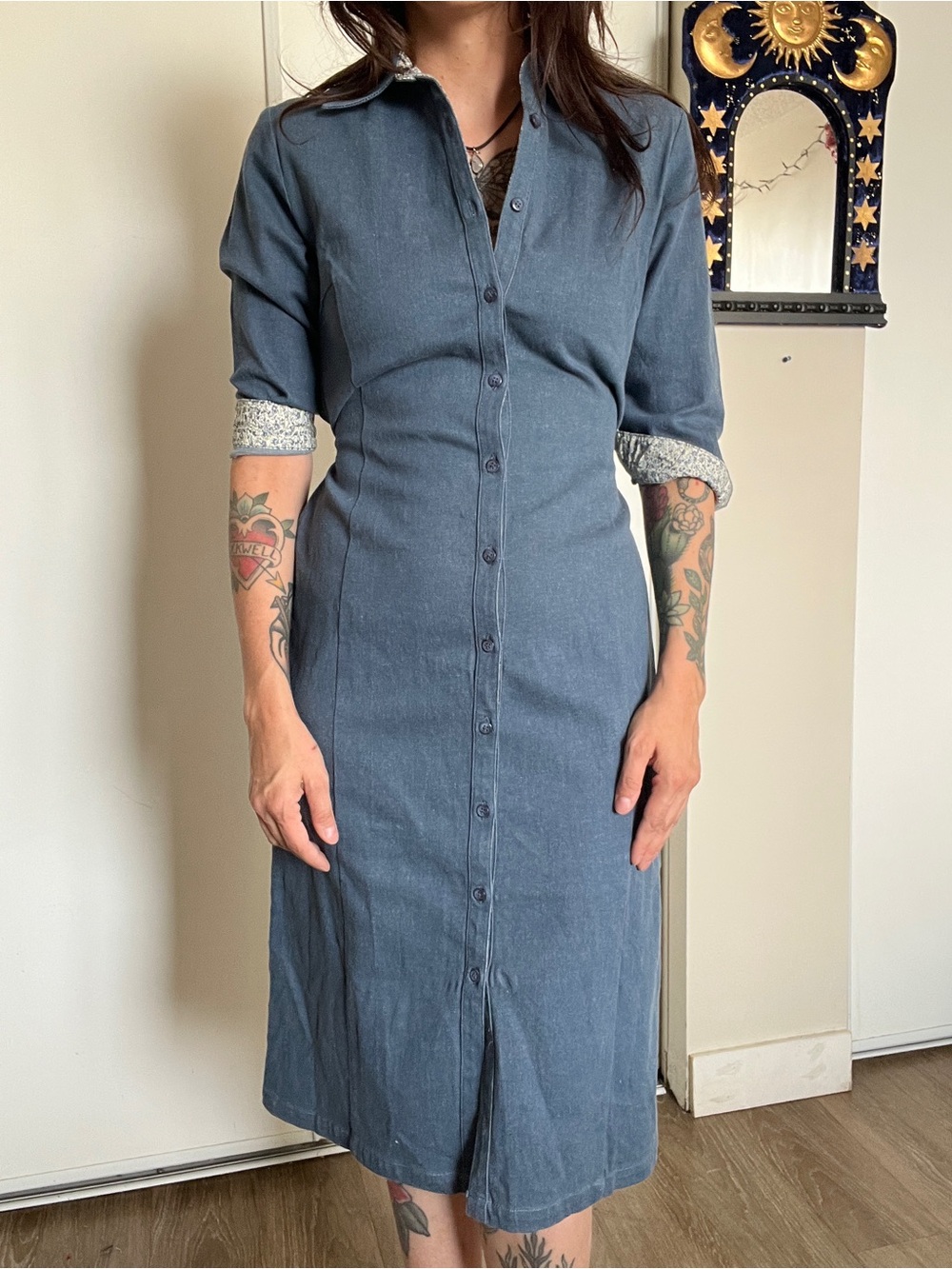 Vintage Laura Ashley Denim Shirt Dress with Floral Cuffs